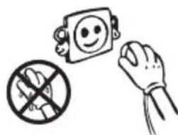 Illustration of a hand holding a smiling face, a crossed-out hand holding a crossed-out knife, and a computer monitor.