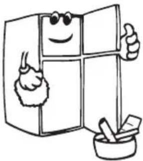 Cartoon illustration of a smiling refrigerator with thumbs up and a mortar, no text or symbols present.