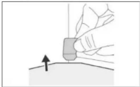 Illustration of a hand holding a small object with an arrow pointing upward, no text or symbols present.