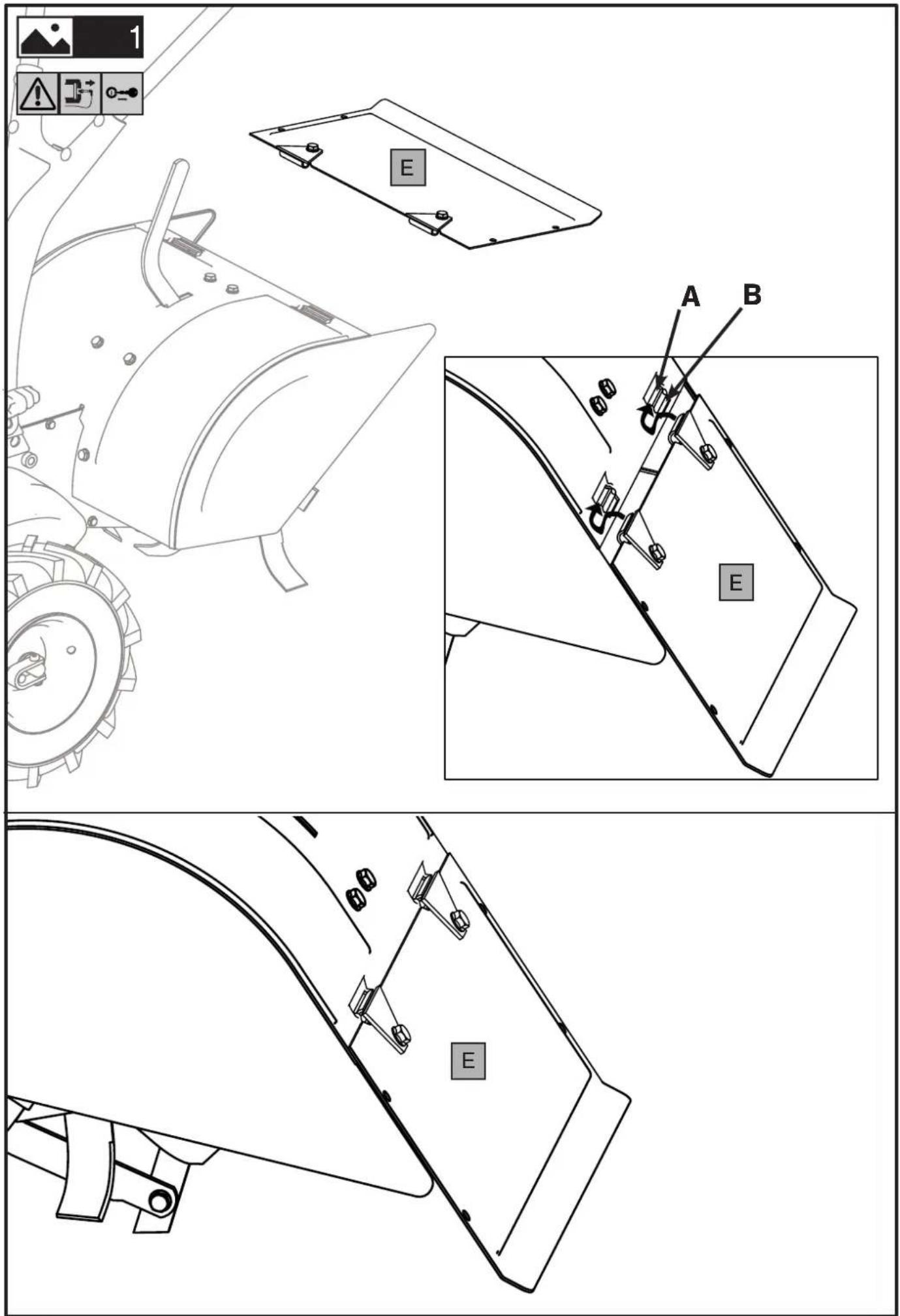 Technical diagram of a tractor's front view and side view with labeled parts A, B, E, and warning symbols