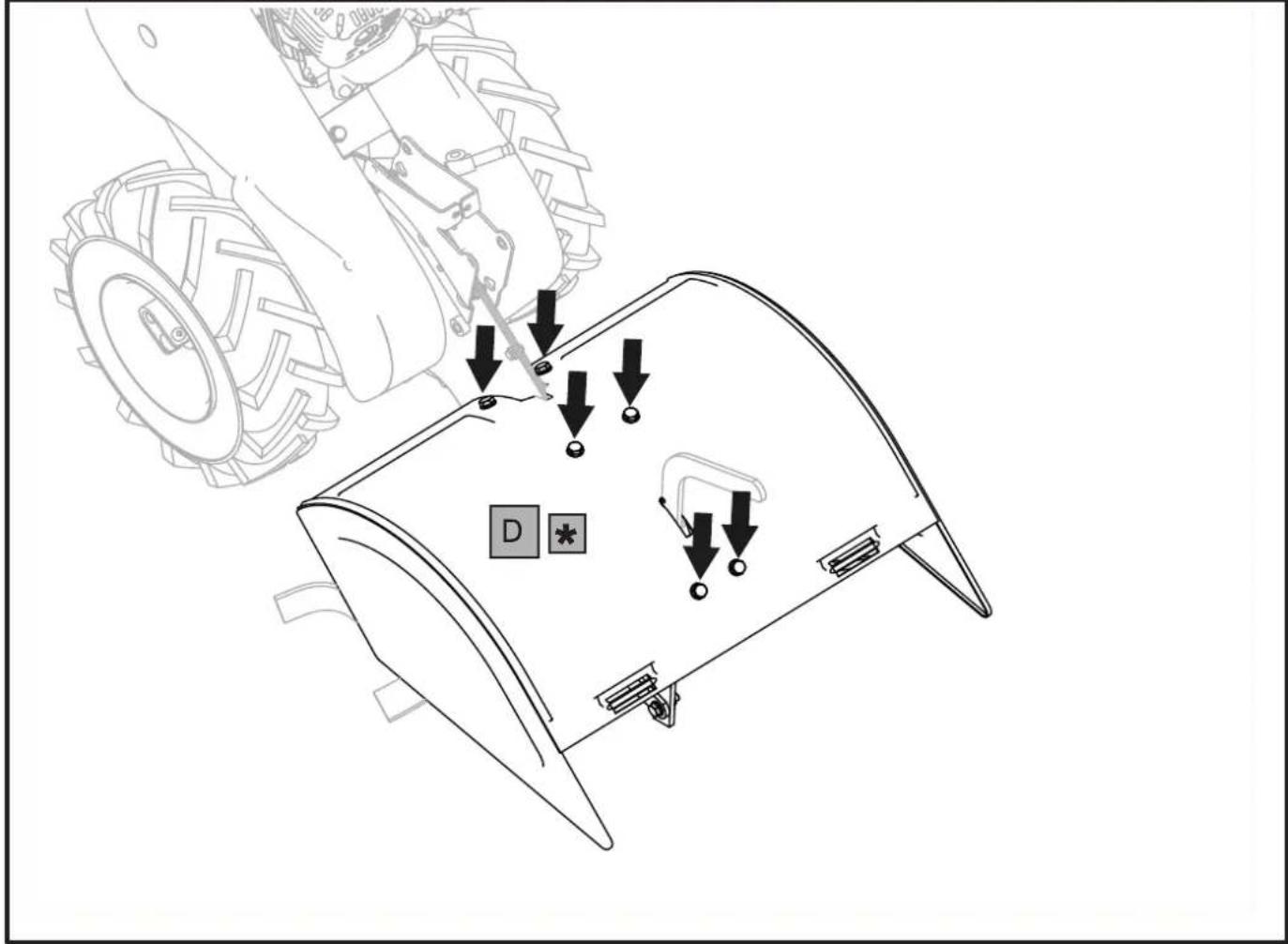 Technical diagram showing mechanical components with arrows indicating assembly or inspection, labeled with symbols D and *.