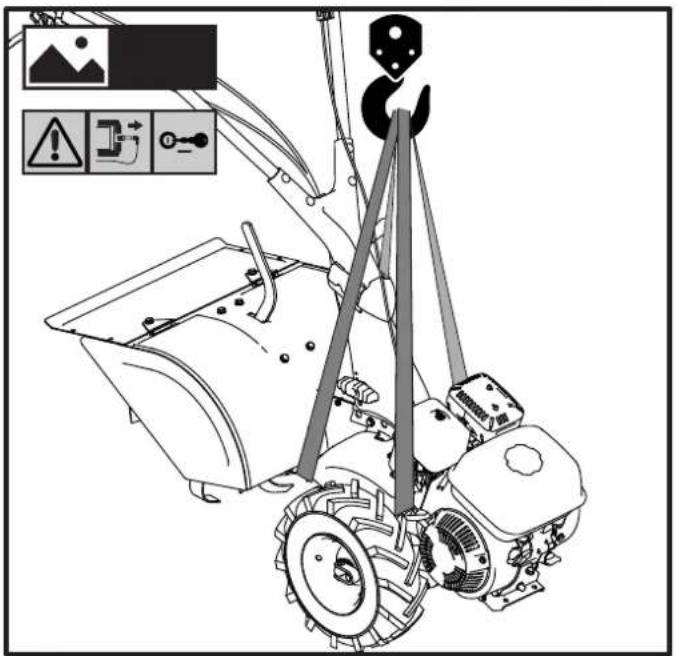 Technical diagram of a manual tiller with warning icons and control panel labels