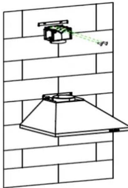 Diagram of a kitchen chimney mounted on a brick wall, with no visible text or symbols
