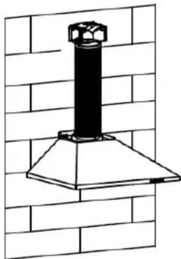 Line drawing of a black chimney mounted on a white shelf against a brick wall (no text or symbols)