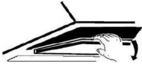 Line drawing of a hand pressing down on a piano keyboard (no text or symbols).