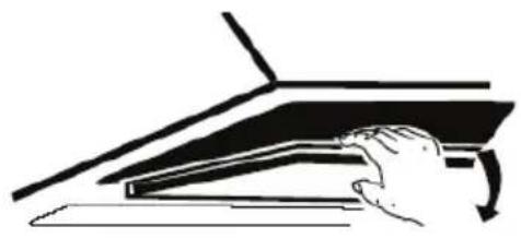 Illustration of a hand pressing down a mechanical component (no text or symbols).