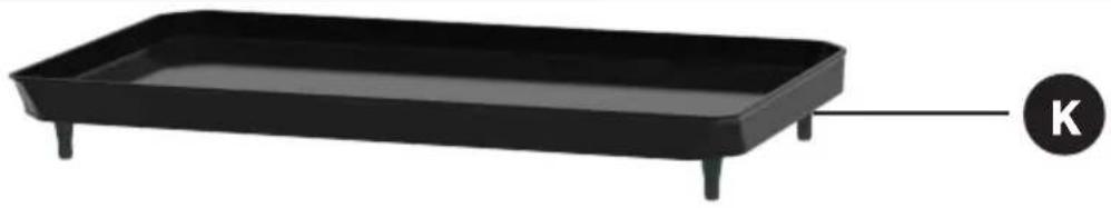 Black rectangular tray with four legs and a labeled circle containing the letter 'K' (no other text or symbols).