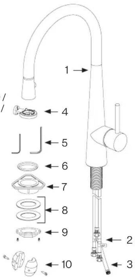 Technical diagram of a kitchen sink with numbered parts and exploded view, likely for assembly or repair instructions.