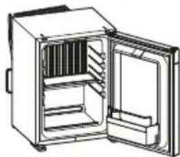 Line drawing of an open refrigerator with internal compartments (no text or symbols)