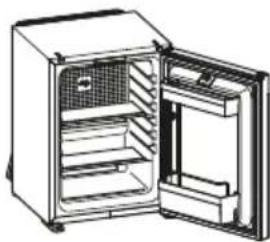 Line drawing of an open refrigerator with ventilation grilles and door (no text or symbols)