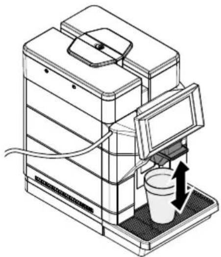 Line drawing of a coffee machine with a cup and lid, showing internal components and a downward arrow indicating flow (no text or symbols)
