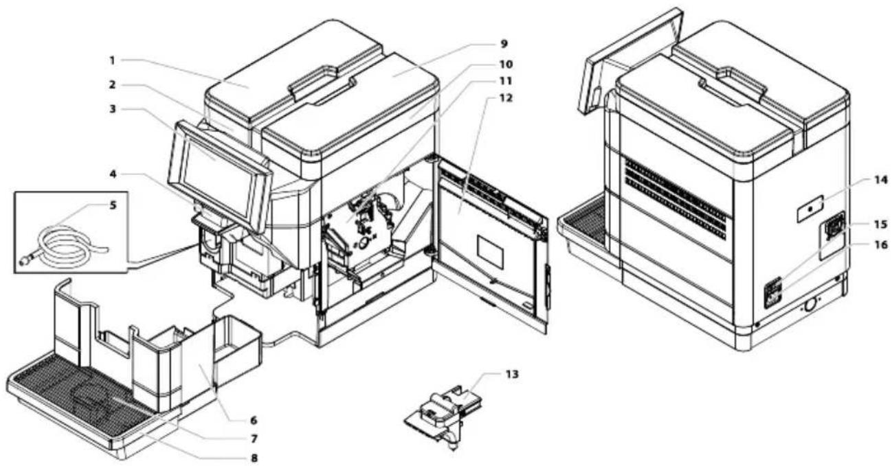Technical diagram of a device's internal components with numbered parts, including zoomed-in views and labeled parts.