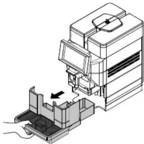 Technical illustration of a mechanical device with a hand inserting a component into a housing (no text or symbols present)