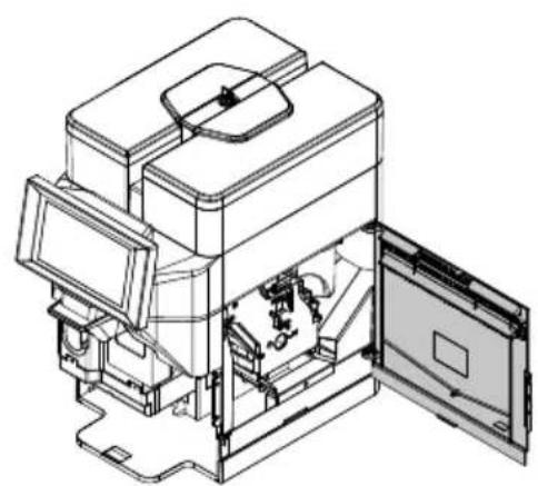 Technical line drawing of an internal mechanical device with a close-up view of the open lid (no text or symbols present)