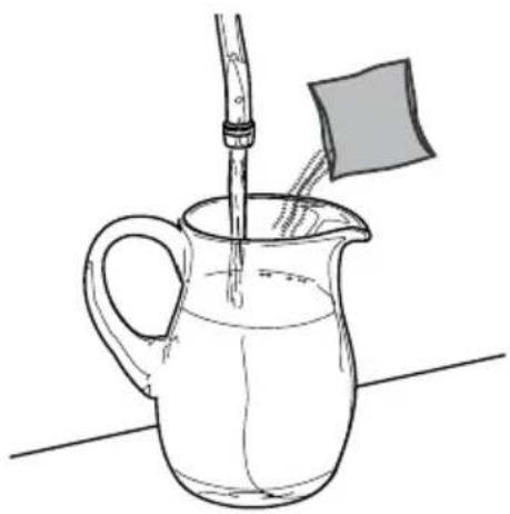 Simple line drawing of a pitcher with liquid and a straw being poured into it, no text or symbols present.
