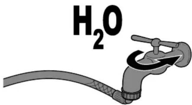 Diagram of a water tap with H₂O molecules, showing flow direction