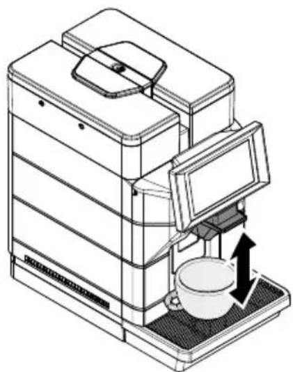 Line drawing of a coffee machine with a cup and upward arrow indicating rotation (no text or symbols)