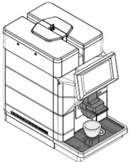 Technical line drawing of a coffee machine with open lid and side panel (no text or symbols)