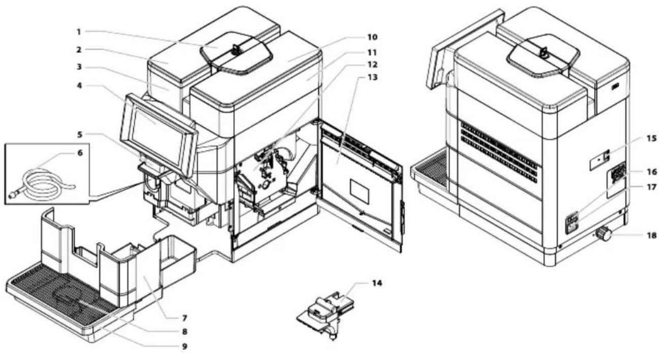 Technical diagram of a device's internal components with numbered parts, including zoomed-in views and labeled parts.