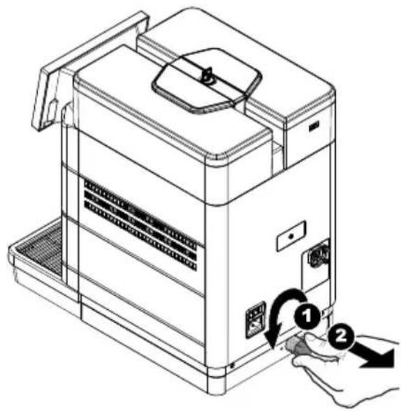 Technical diagram of a portable appliance with labeled parts and hand interaction indicator