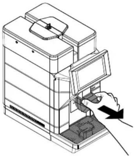 Line drawing of a hand inserting a device into a multi-tiered storage unit (no text or symbols)