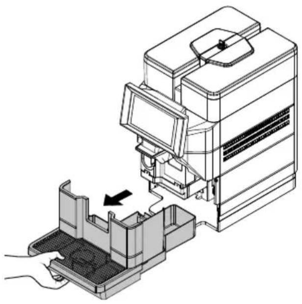 Diagram of a device being inserted into a tray, showing internal components and a hand holding the tray (no text or symbols present)