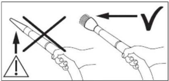 Diagram illustrating correct and incorrect ways to switch a device, with warning symbols and checkmark arrows.
