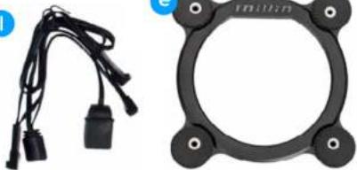 Two electronic components: a black cable with two connectors and a black circular frame with mounting holes (no visible text or symbols)
