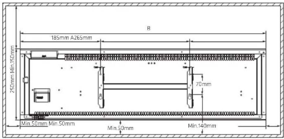 185 mm, A265 mm, B, 250 mm, minimum 150 mm, 70 mm, minimum 50 mm, minimum 50 mm, minimum 50 mm, minimum 140 mm.