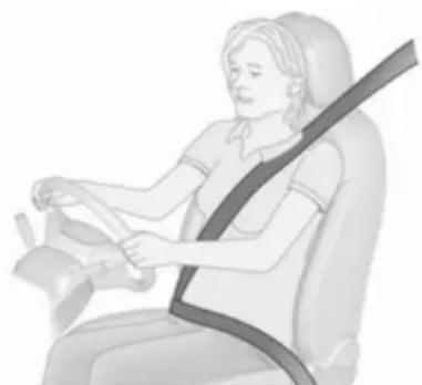 Illustration of a person seated in a car seat, wearing a seatbelt and holding the steering wheel (no text or symbols visible)