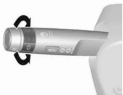 Close-up of a handheld device with a scroll wheel and control buttons, no visible text or symbols