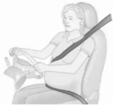 Illustration of a pregnant woman seated in a car seat, wearing a seatbelt (no text or symbols visible)