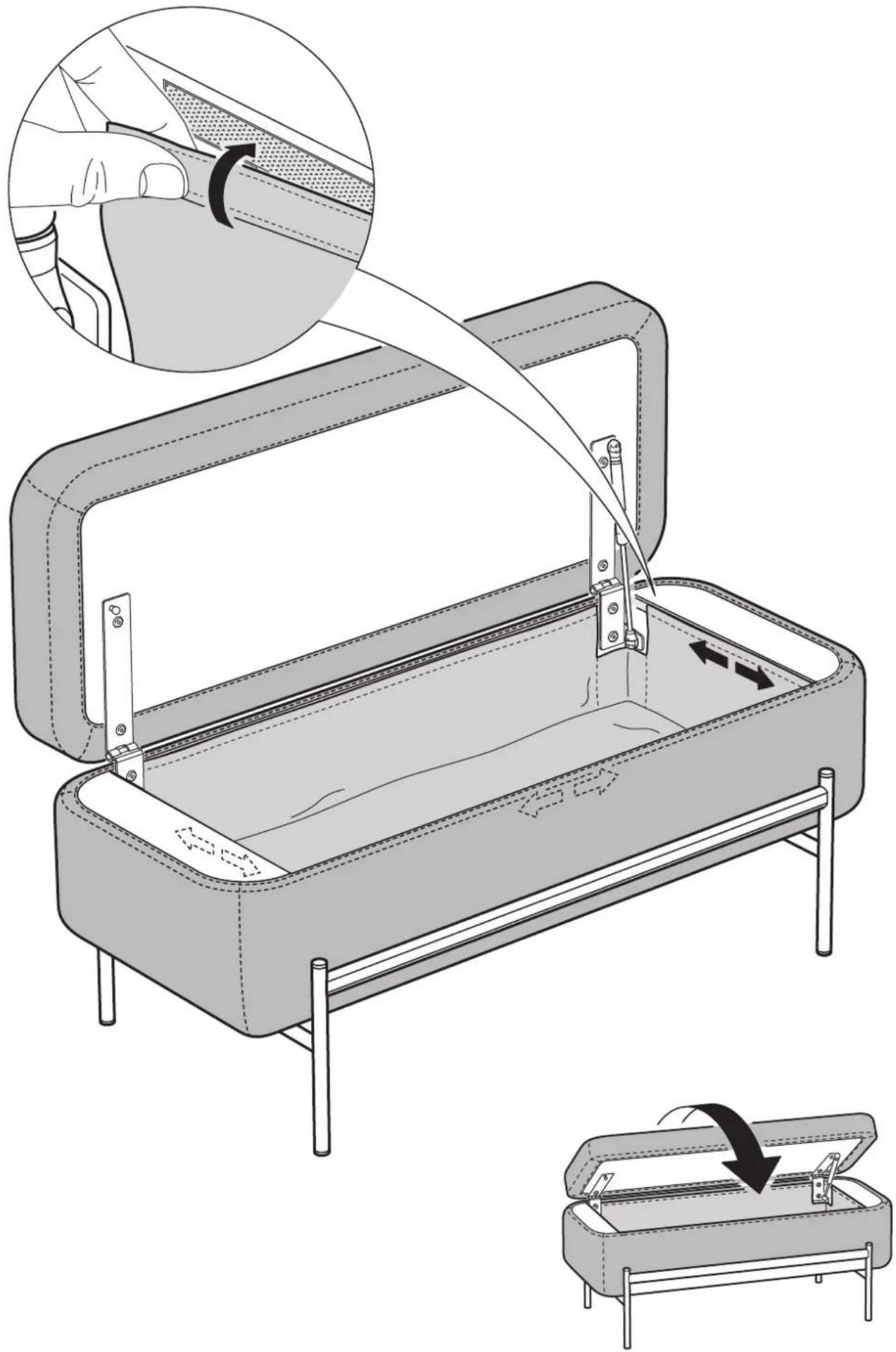 Illustration d'une table pliante avec une poignée et des compartiments internes, montrant une main tenant un câble ou un câble en cours d'insertion (sans texte ni symboles).