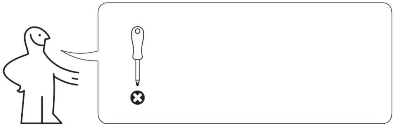Diagram showing a person pointing at a screwdriver with an exclamation mark, likely illustrating a warning or error scenario.