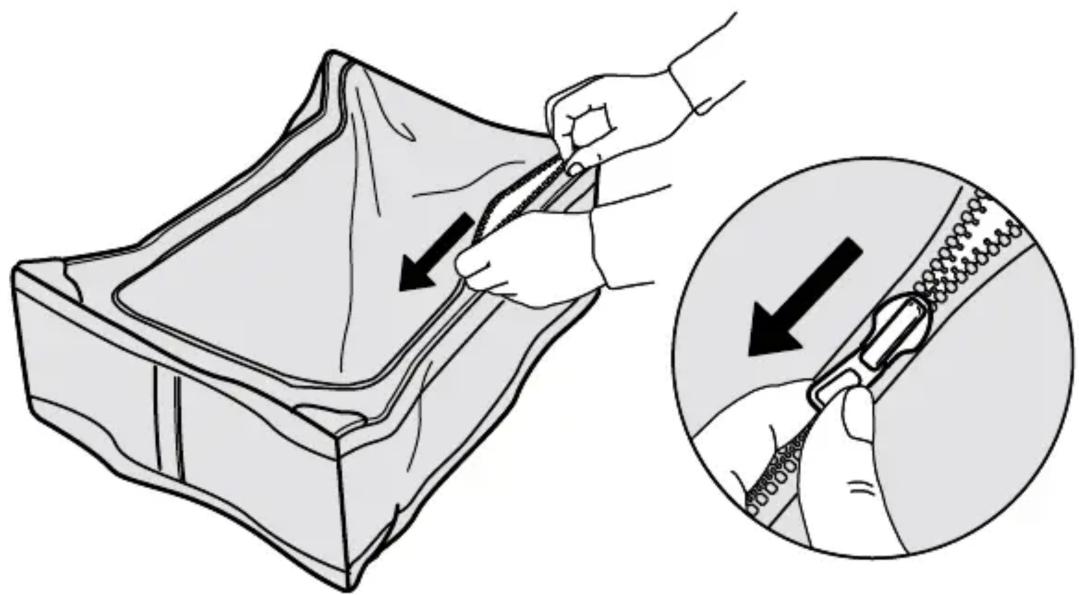 Illustration of a hand holding a zipper over a fabric, with an inset showing the same being held by a zipper (no text or symbols present)