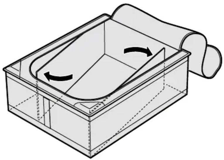 Diagram of a rectangular container with internal curved arrows indicating rotation or movement (no text or symbols)