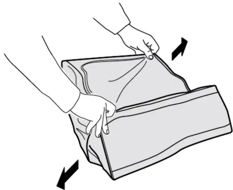 Illustration of hands folding a folded garment with arrows indicating movement (no text or symbols)