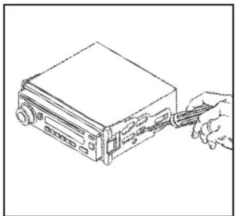 Line drawing of a device with a hand holding a pen inserted into the top panel (no text or symbols)