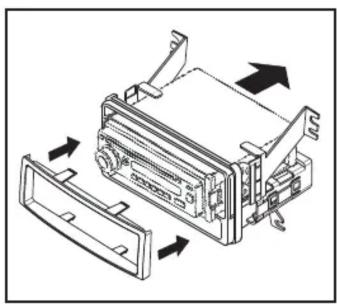 Technical line drawing of an electronic device with directional arrows indicating assembly or movement (no text or symbols present)