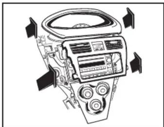 Technical line drawing of a car dashboard with control panel and fan (no text or symbols)