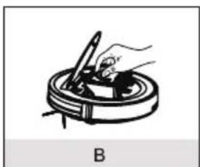 Illustration of a hand using a pen to press or install a circular component, labeled 'B' (no text or symbols on the diagram itself)
