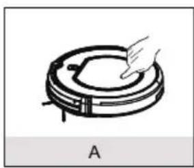 Simple line drawing of a robotic vacuum cleaner with a hand touching the ring (no text or symbols)