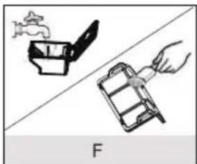 Illustration of two hand tools: a bucket with a handle and a device with a tool, both on a diagonal line labeled 'F' (no text or symbols on the devices themselves)