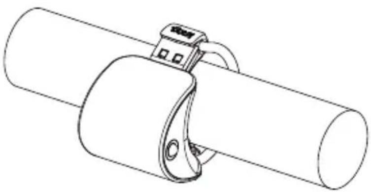 Line drawing of a cylindrical mechanical component with a clamp bracket (no text or symbols)
