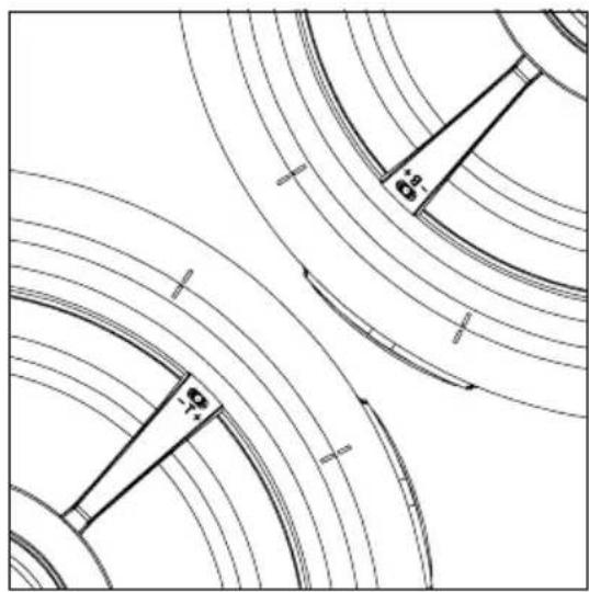 Pure technical line drawing of curved mechanical components without any text, numbers, or symbols