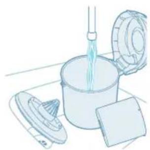 Illustration of a cleaning tool with a bucket, handle, and cleaning kit, no text or symbols.