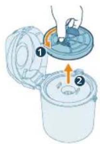 Diagram showing two steps of a container with labeled parts, indicating step 1 and step 2.