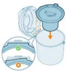 Diagram illustrating a mechanical assembly with labeled parts and directional arrows, including a magnified inset showing internal components.