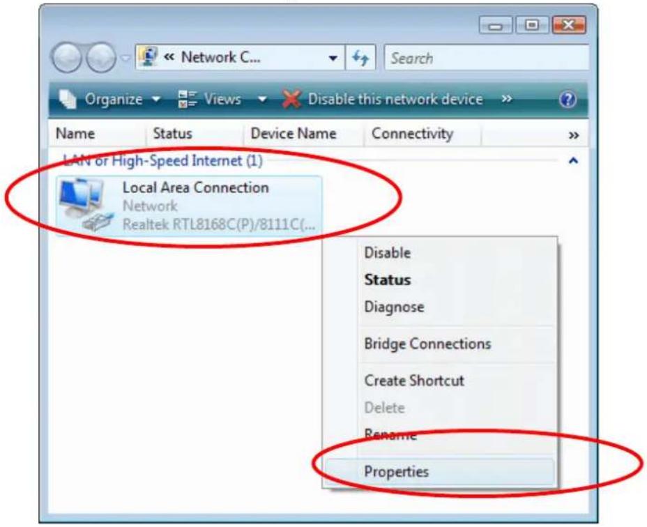 Network C... Organize Views Disable this network device Name Status Device Name Connectivity LAN or High-Speed Internet (1) Local Area Connection Network Realtek RTL8168C(P)/8111C(... Disable Status Diagnose Bridge Connections Create Shortcut Delete Rename Properties