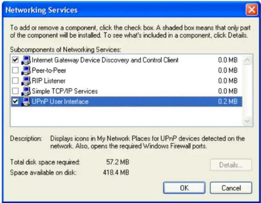 Networking Services To add or remove a component, click the check box. A shaded box means that only part of the component will be installed. To see what's included in a component, click Details. Subcomponents of Networking Services: ✓ Internet Gateway Device Discovery and Control Client 0.0 MB □ Pee…